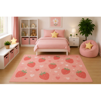 "Ultra Lightweight" 5'x7' Kids Area Rug Strawberry Heart Pattern Rug Cute Pink Fruit Nursery Girls Bedroom Playroom Decor Non-Slip Silicone Backing Low Pile
