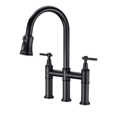 Matte Black Bridge Faucet - Dual Handle For Accurate Flow And Temperature Adjustment Sink 360-Degree Rotating Nozzle Extended Cleaning Area
