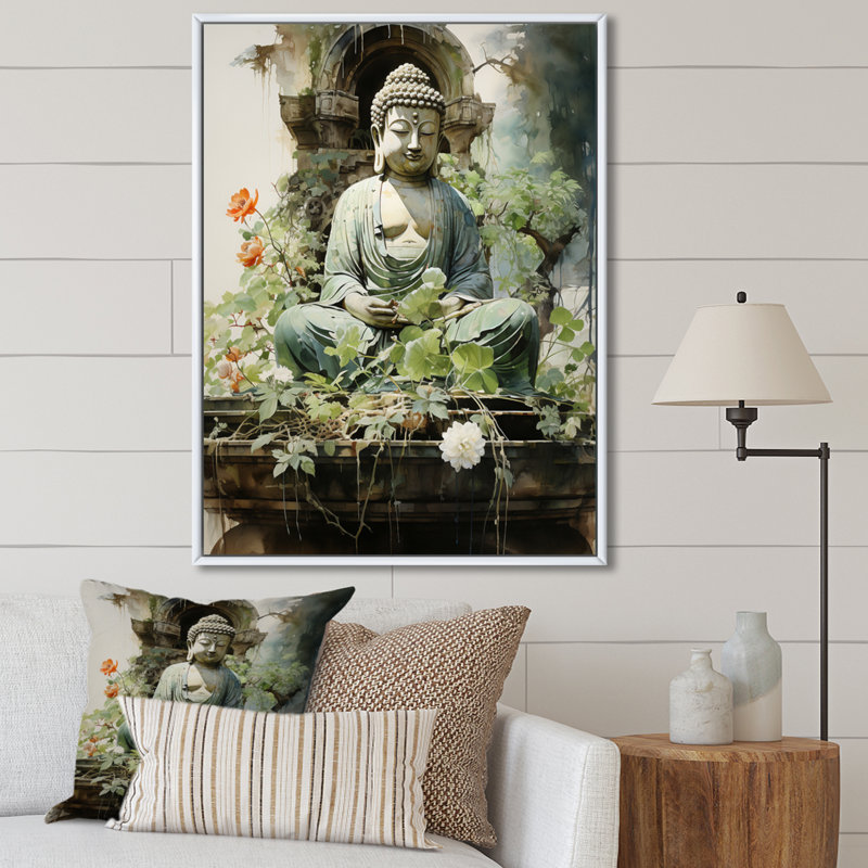 Art bouddhiste vert, art bouddhas sur toile, L 12 po x H 20 po, Cadre flottant blanc