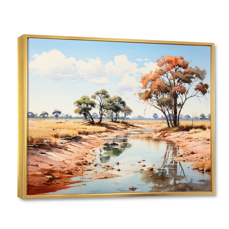Paysage africain beige et vert sur toile, Cadre flottant doré, H 12 po x l 20 po x P 1 po
