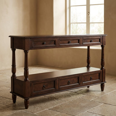 Vintage 2-Tier Solid Wood Console Table with 6 Drawers and Storage Shelf, 51 Inch Long Foyer Table for Living Room, Hallway, Entrance, Pine Wood Legs with Ample Storage and Display Space for Home Decor and Daily Essentials