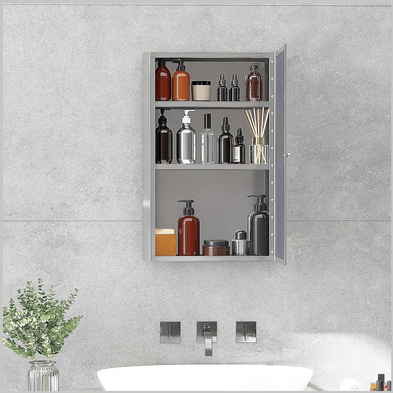 Armoire de salle de bain avec miroir, armoire à pharmacie verticale en acier inoxydable, organisateur de rangement mural avec porte simple