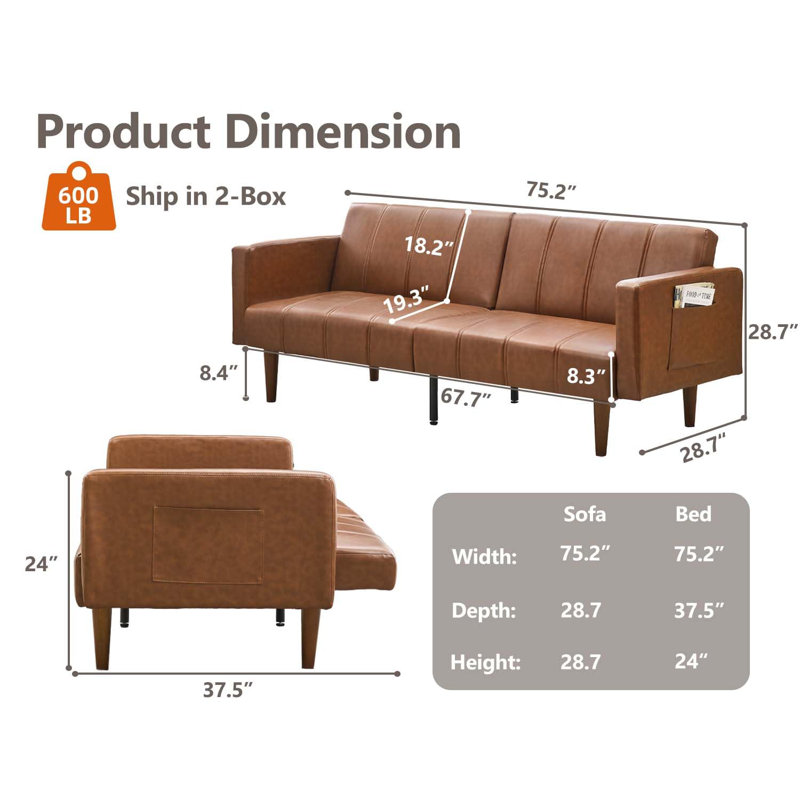 Fauteuil inclinable peu encombrant avec dossier réglable et poches latérales, canapé-lit futon en cuir synthétique convertible de 75 po pour le salon ou la chambre d'amis, brun