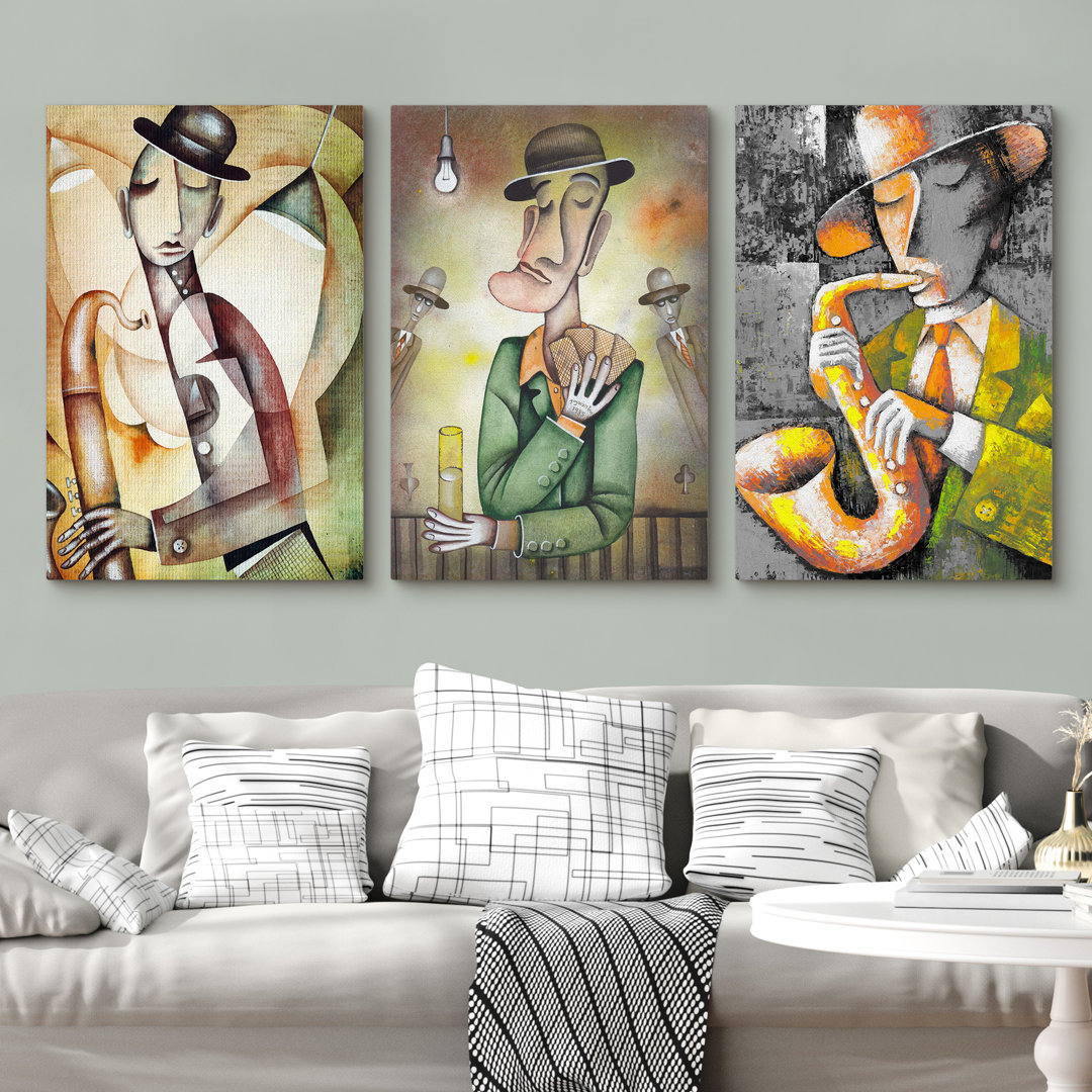 Abstract Green Music European Gentleman Instrument Playing Unique Canvas Painting Print Wall Art IDEA4WALL 