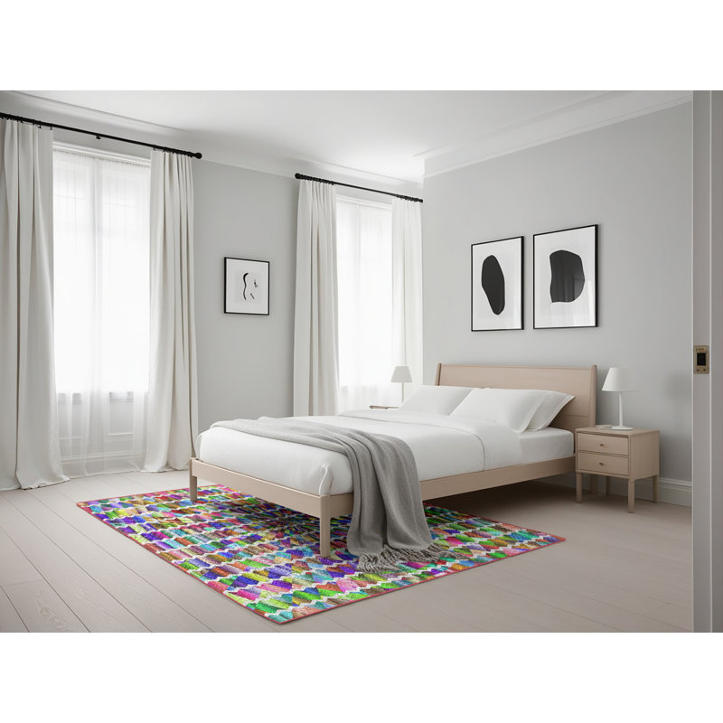 Tapis noir/vert/rose à motifs, Rectangle 5 pi x 7 pi