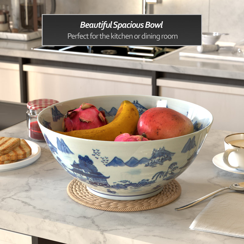 14" Satsuma Ladies & Peacock Porcelain Bowl, Blue Landscape