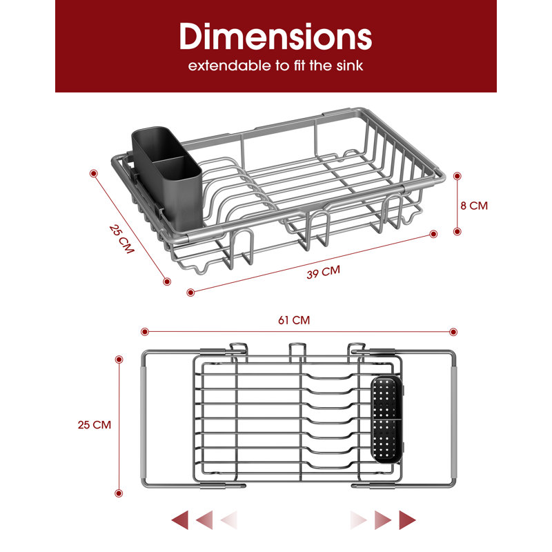 Dish Drying Rack in Sink - Expandable Stainless Steel Dish Rack Over The Sink, Kitchen Sink Drain Strainer with Cutlery Holder & Cup Holders, 15.4 x 9.8 x 3.0 Inch, Silver
