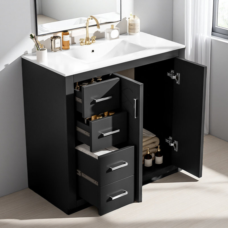 36'' Bathroom Vanity With Ceramic Sink Combo, Solid Wood Frame Bathroom Storage Cabinet, Freestanding Vanity Set With 3 Drawers& Soft Closing Doors