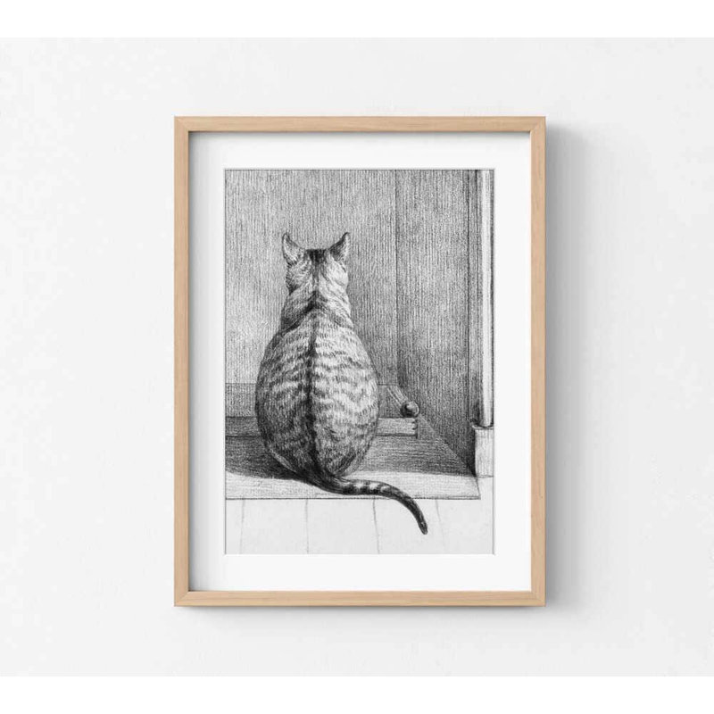 Chat assis assis - dessin rétro de 1812 par Jean Bernard, H 8 po x l 10 po, Tanné, Blanc