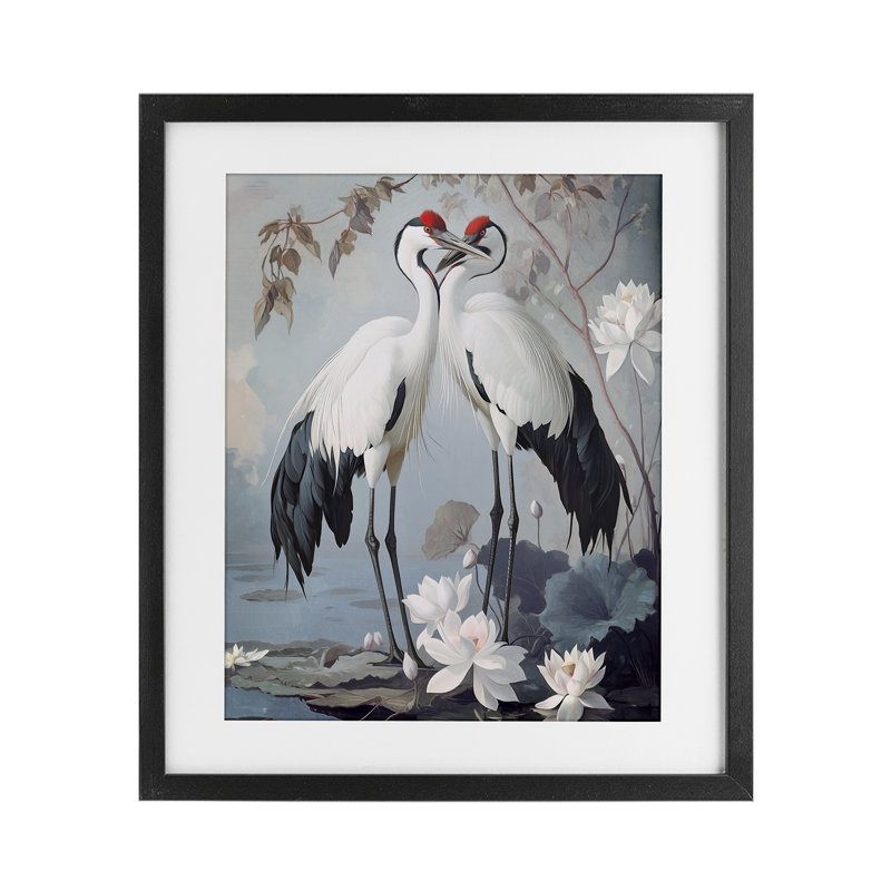 «Shore Line Magic Cranes», reproduction encadrée sous verre, design par Steve Hunziker, Cadre noir minuit, H 16 po x l 13 po