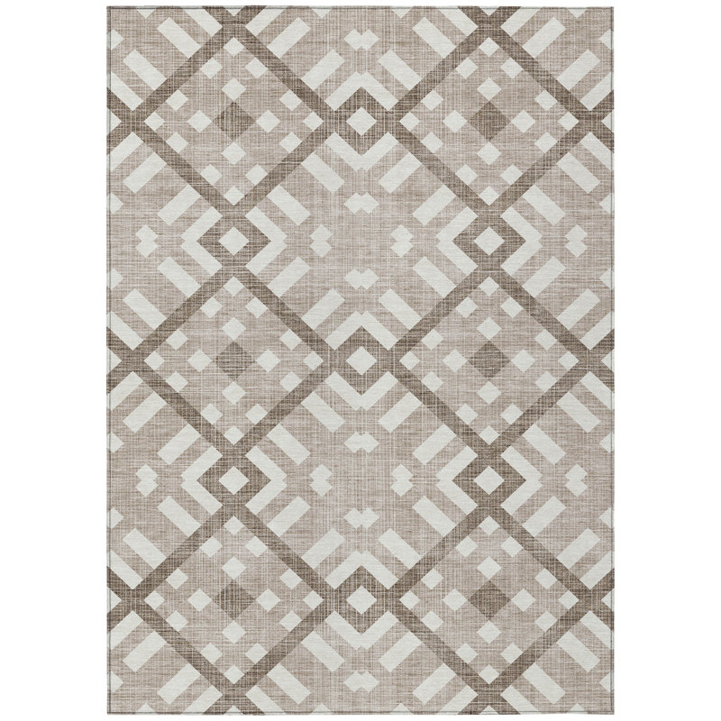 3' X 5' Brown Geometric Washable Indoor Outdoor Area Rug