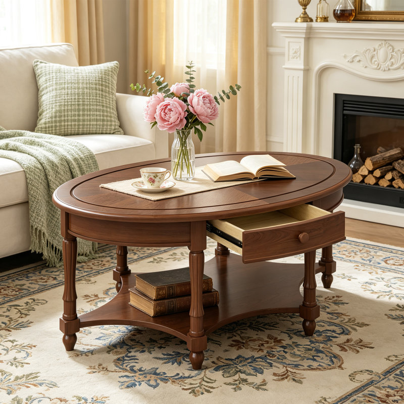 Table basse ovale vintage avec tiroir et tablette de rangement pour salon, Noyer foncé