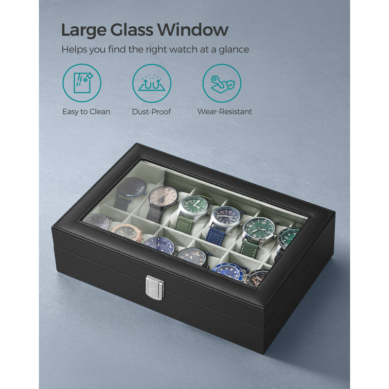 Watch Box, 12-Slot Watch Case, Watch Box Organizer, Black Synthetic Leather, Greenish Grey Lining