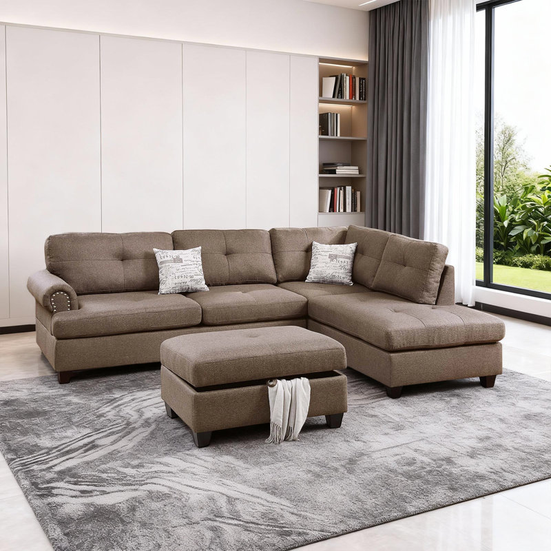 Canapé modulaire réversible 3 pièces avec repose-pieds de rangement et accoudoirs classiques