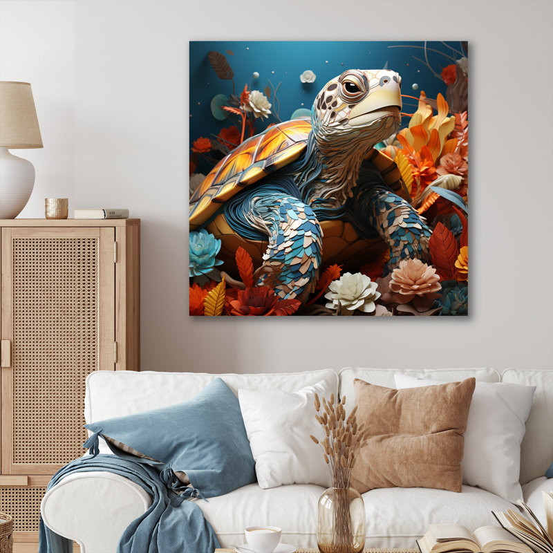 Turtle Journey Coral, impression géométrique sur toile encadrée, H 16 po x l 16 po, Toile tendue