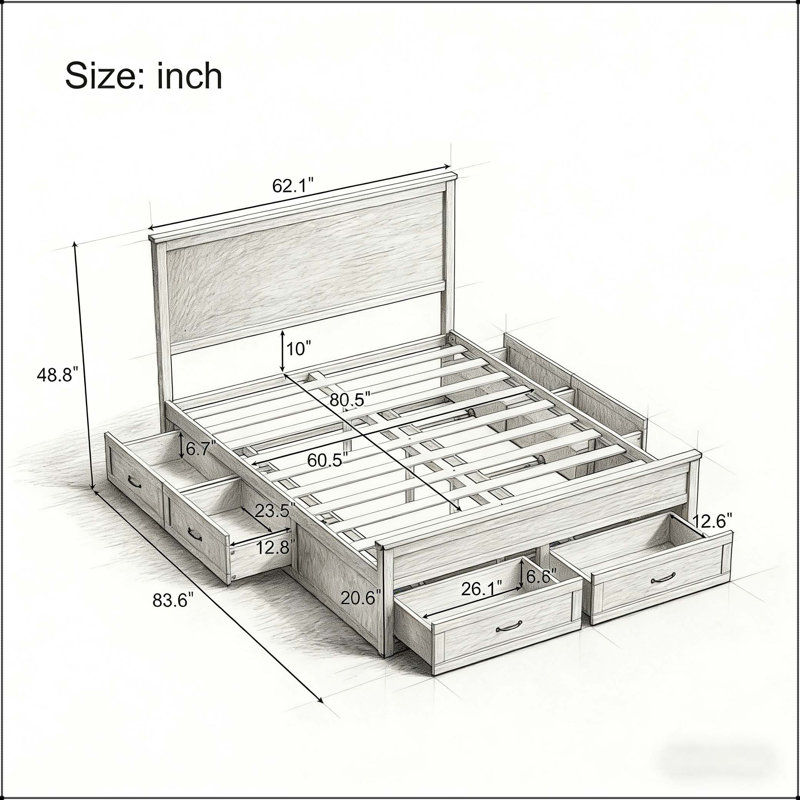Structure de lit grand avec 6 tiroirs de rangement en bois, Dérive en mer