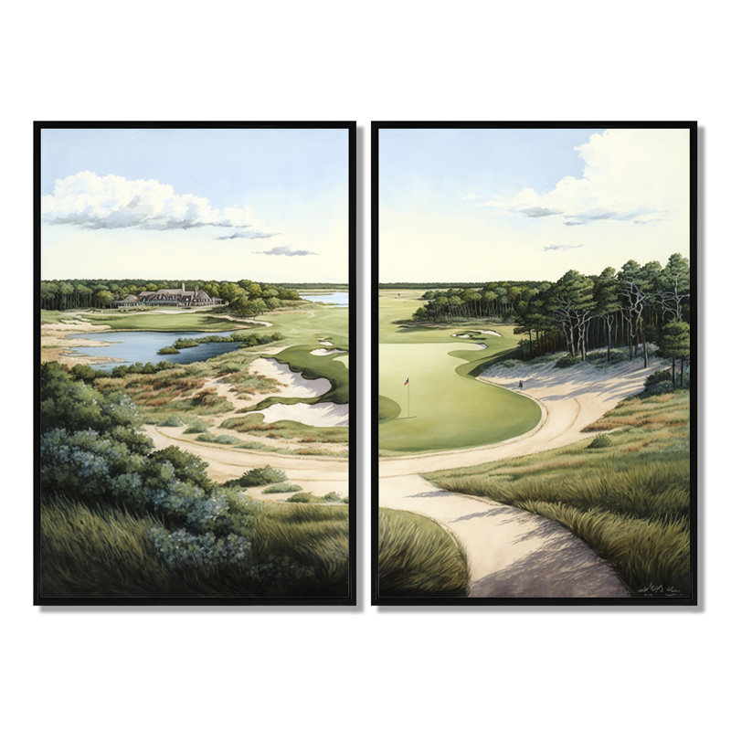 Parcours de golf en été - impressions sur toile vertes, H 36 po x l 48 po, Impression encadrée flottante, Noir