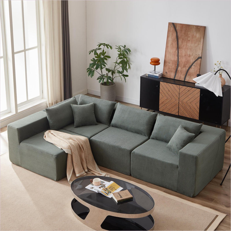 Riaan Modular Boneless Sectional Sofa, Green Corduroy