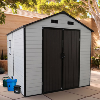 Outdoor Resin Storage Shed With 8X8 Ft Design, Aluminum Frame, Floor And Natural Windows, Suitable For Bicycles Patio Furniture, Antique Brown & White 8X8x7.6Ft, Featuring Keeps Property Organized