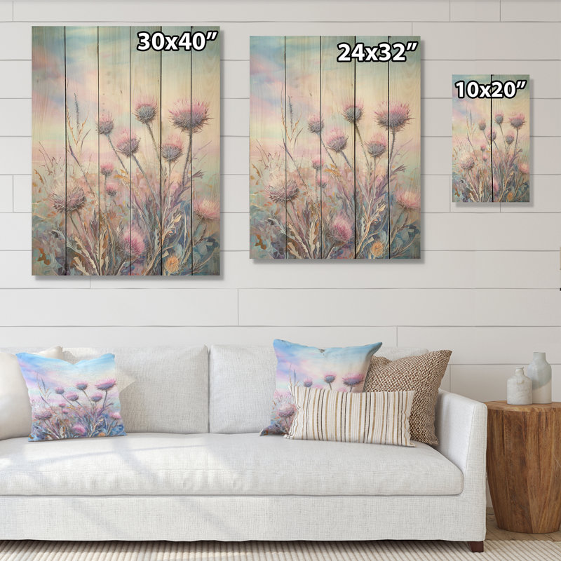 Minimalisme, chardon, nature, fluorescence - champ de fleurs, art mural sur bois de pin naturel, H 20 po x l 10 po