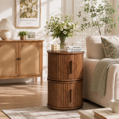 Set of 2 Round Nesting Side Tables, Accent End Tables with Sliding Door Storage, Walnut Finish for Living Room Bedroom