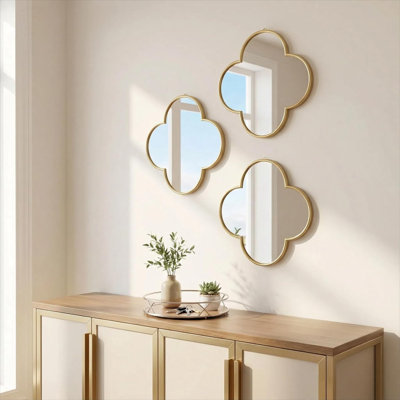 Ensemble de 3 miroirs muraux décoratifs, trèfles suspendus trèfle doré avec cadre festonné pour le salon, la chambre à coucher et le vestibule, décoration murale décorative