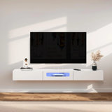 White Floating Tv Stand With Led Lights And Glass Door,63'' Wall Mounted Tv Shelf