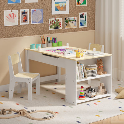 Kids Art Table And Chair Set, Convertible Art Easel & Wooden Activity/Craft Table With 2 Chairs, Storage Bins & Organizer Shelves For Toddlers’ Drawing, Playing & Learning