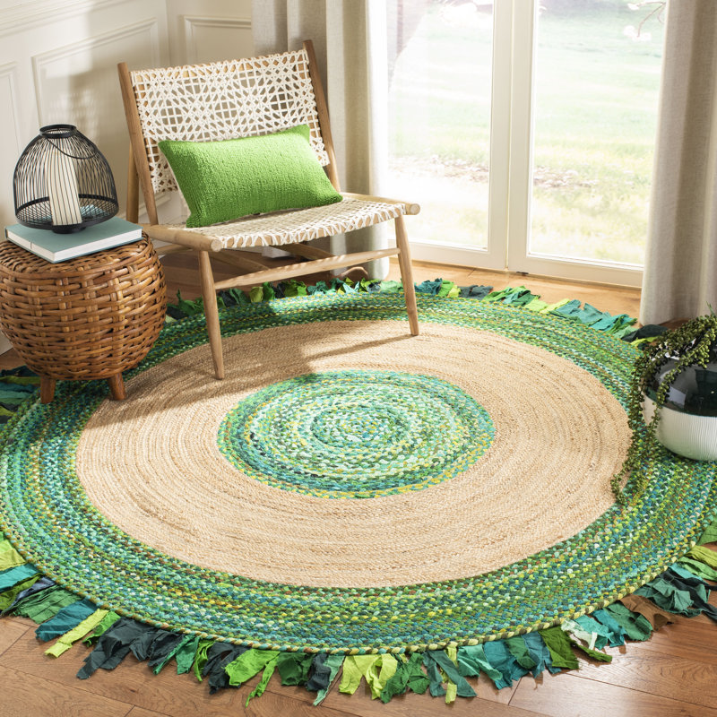 Jillian Hand Woven Cotton/Jute Rug in Green, Round 6'