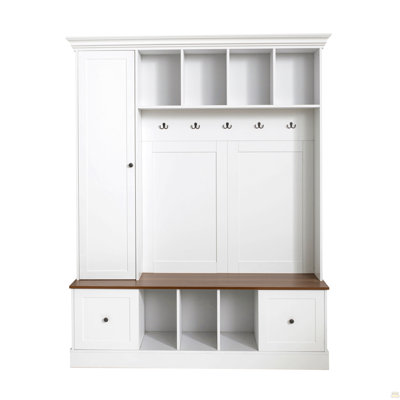 62.2''W Farmhouse Hall Tree with Shoe Storage Bench, Entryway Coat Rack with 5 Hooks, Adjustable Shelf Cabinet with Drawers for Hallway, Entryway, Living Room