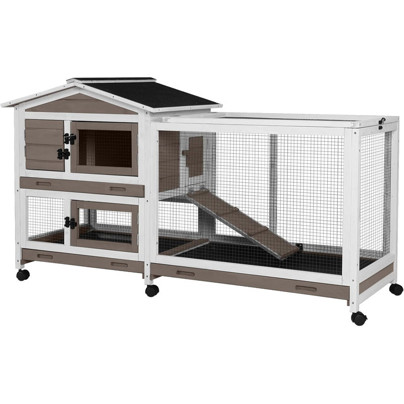 Weather Resistant Hutch with Ramp, Dark Brown/White