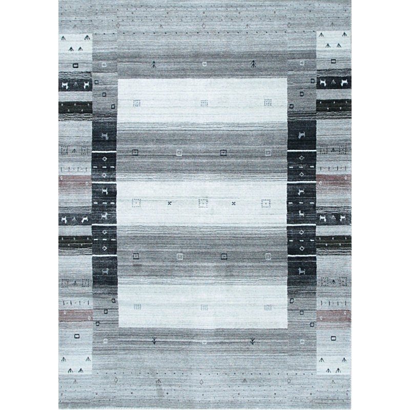4x6 Gray Hand-Knotted Wool Striped Border Motif Modernist Design Modern Contemporary Carpet Rug