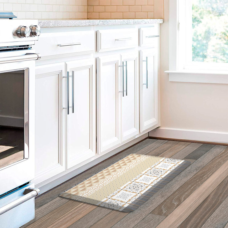 Peaceful Elegance Stripe Beige and Gray PVC Anti-Fatigue Kitchen Mat
