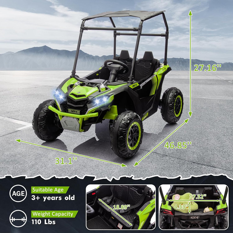 Camion électrique 2 places pour enfants 2 places Ride On Utv, 24V 4WD, Vert