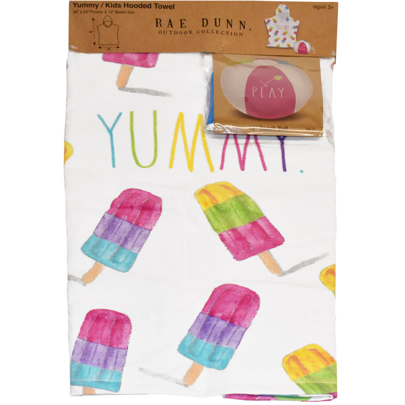 Rae Dunn: Ensemble de serviettes à capuchon pour enfants et ballons de plage 12 po - Yummy