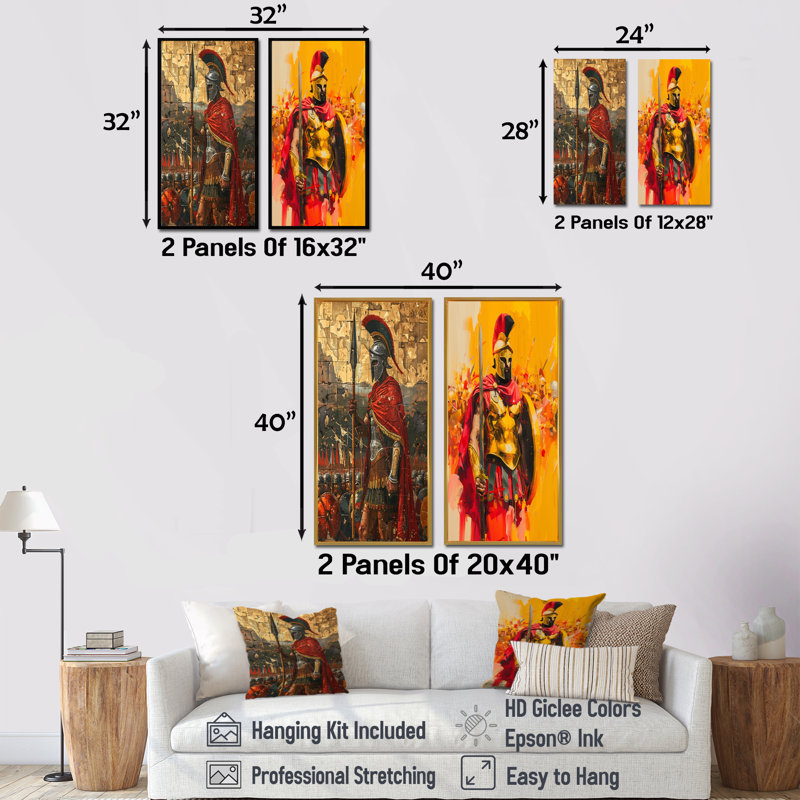 Ensemble de 2 pièces Spartan Leonidis King Warriors In Grèce I - Armée, H 28 po x l 24 po, Toile tendue sur cadre