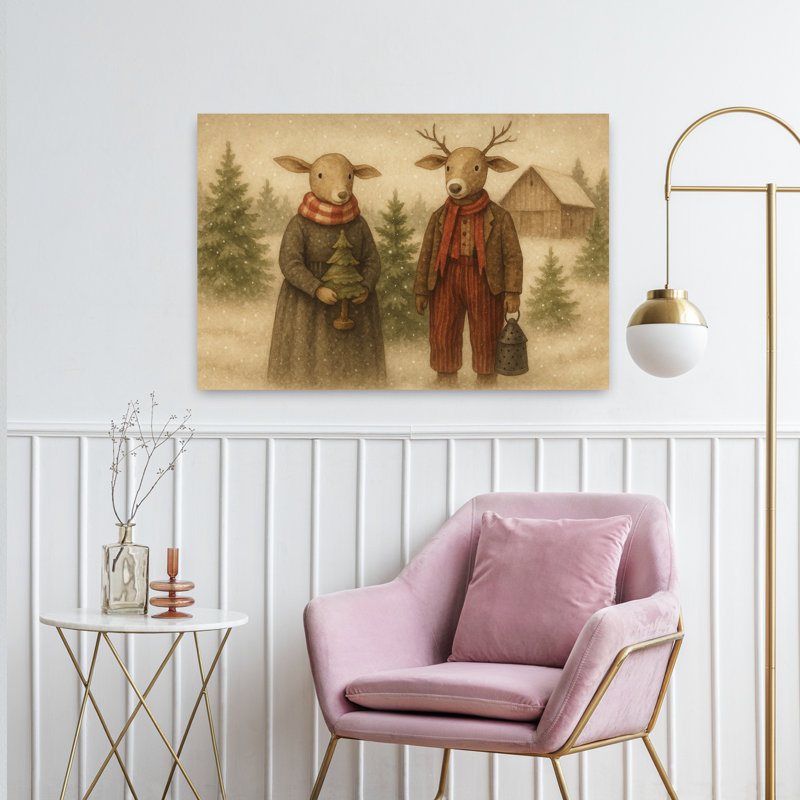 Art primitif de forêt de cerfs vintage rustique fantaisiste, H 24 po x l 36 po