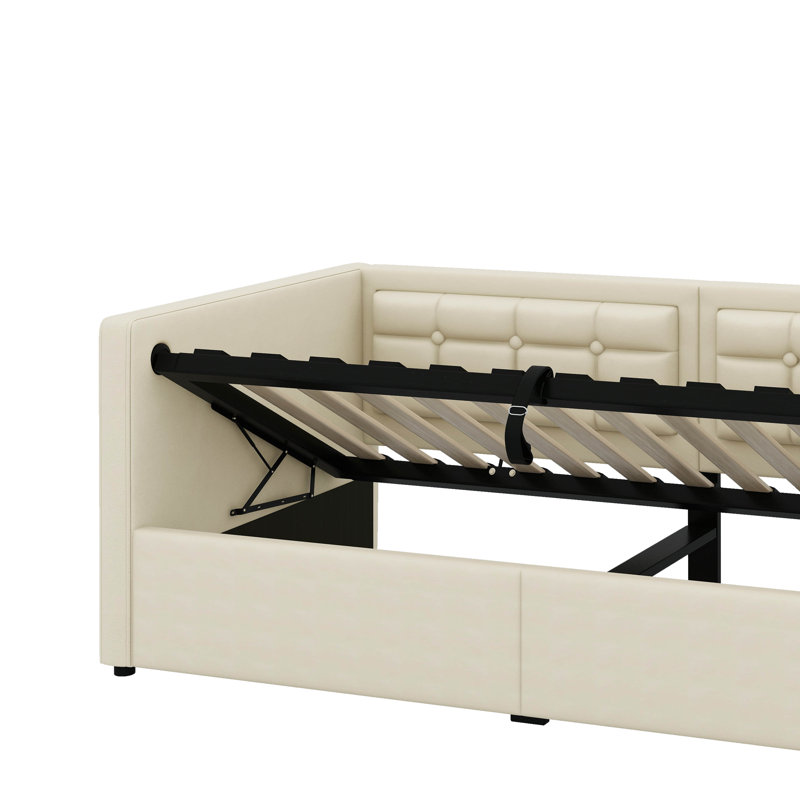 Upholstered Twin Size Daybed, Hydraulic Storage Twin Bed With USB & Type-C Charging, Bed Frame With Tufted Sofa Back, Beige