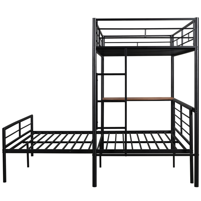 Metal Bunk Bed Twin Over Full With Desk, In Metallic Black Bedroom Powder Coated Finish, For, Black, Full