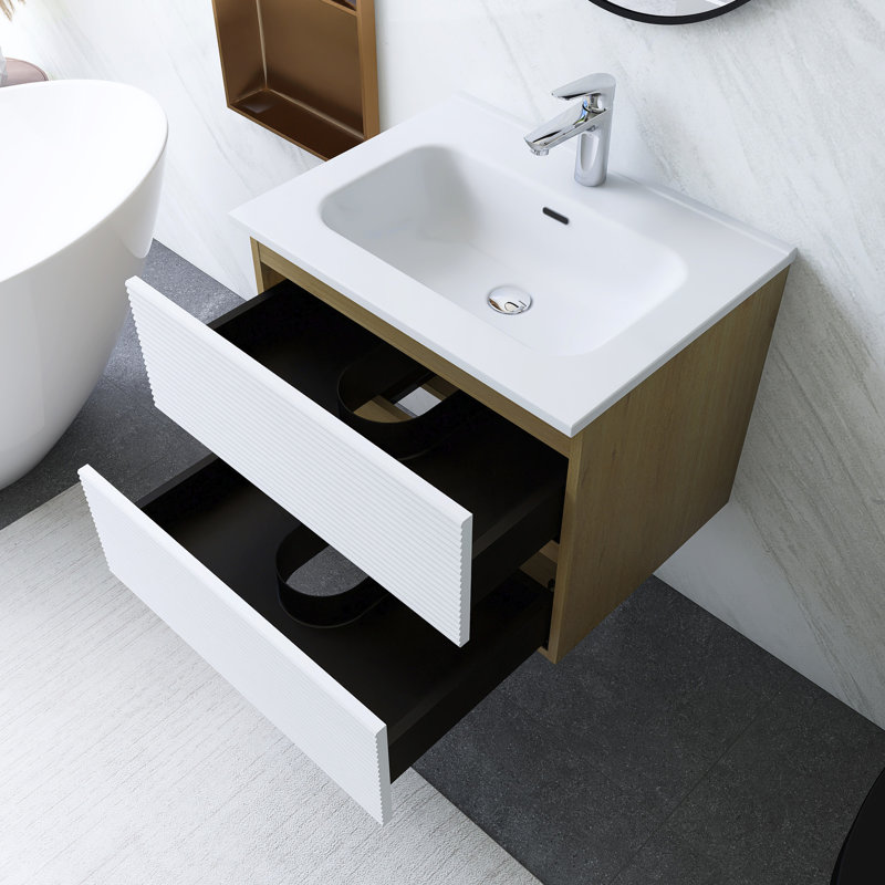 24 po  Meuble-lavabo mural 2 tiroirs, Blanc / Chêne