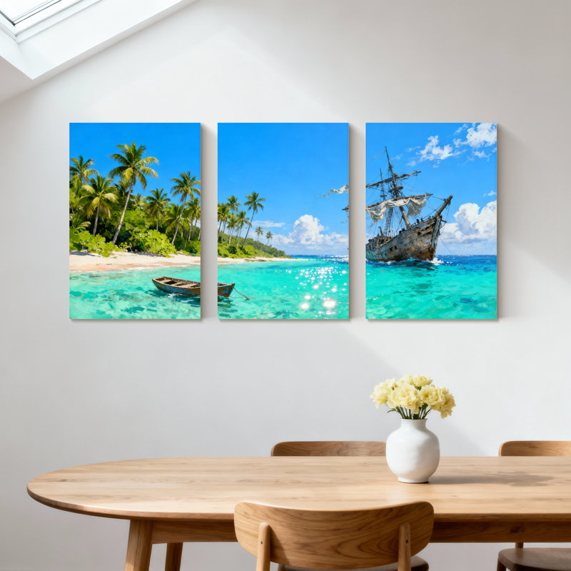 Nautique, plage tropicale avec bateau pirate et bateau, ensemble de 3 impressions sur toile, H 18 po x l 36 po