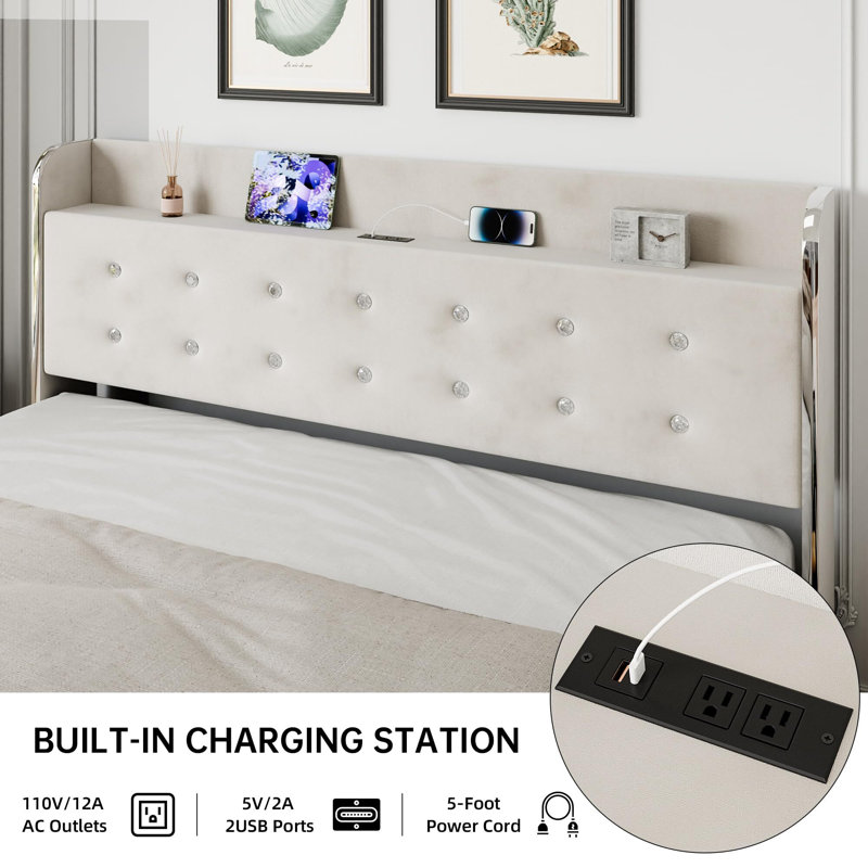 Upholstered Platform Bed Frame With Wingback Diamond Tufted Headboard