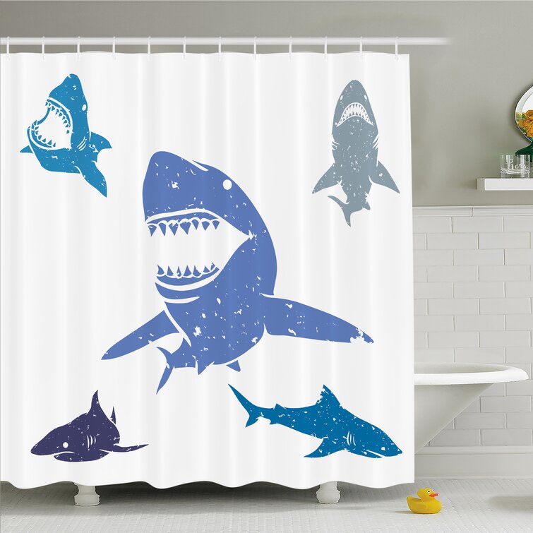 Ambesonne Sea Animal Grunge Style Sharks with Open Mouth Predator Jaws Image Shower Curtain Set, Blue