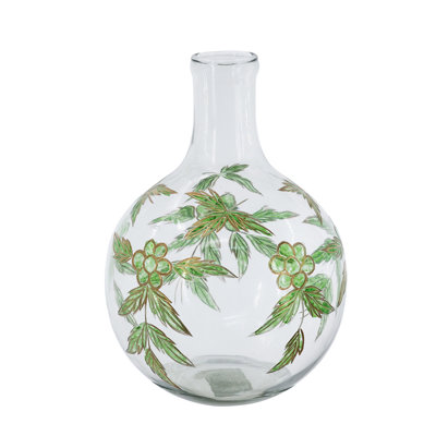 D7.9x11 "Vase en verre transparent avec cou mince et motifs botaniques verts et dorés