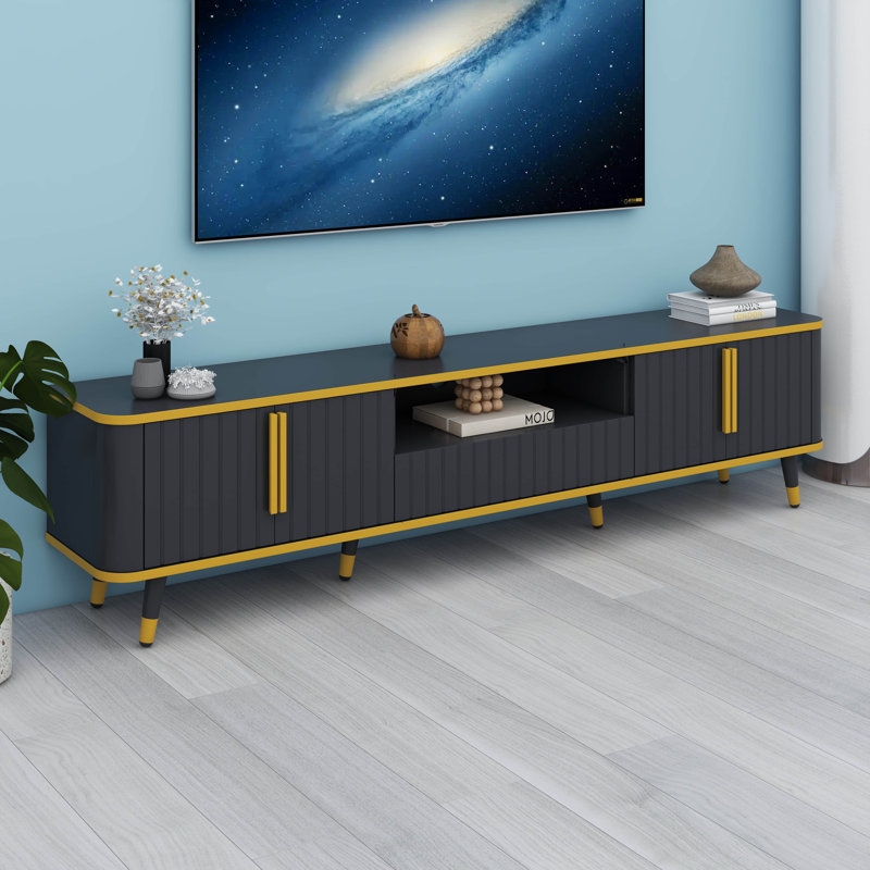 Meuble télé de luxe avec rangement ouvert, meuble audio-vidéo avec armoires et tiroirs, Or/noir
