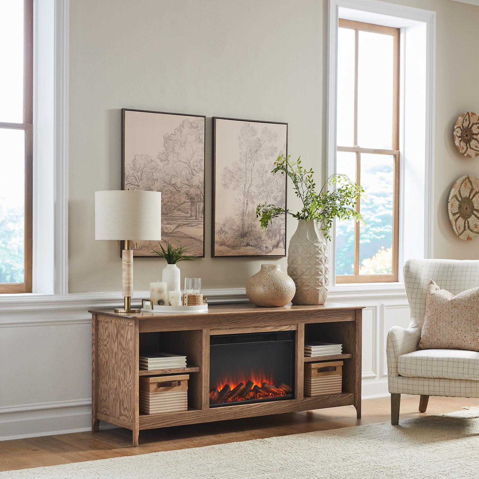 Fraley Electric Fireplace TV Stand, Tan Oak