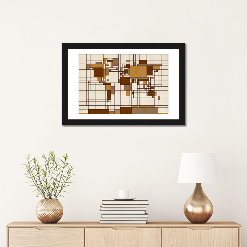 Carte du monde abstraite, style Mondrian, impression sur toile, H 16 po x l 24 po x P 1 po, Papier avec cadre noir, Blanc
