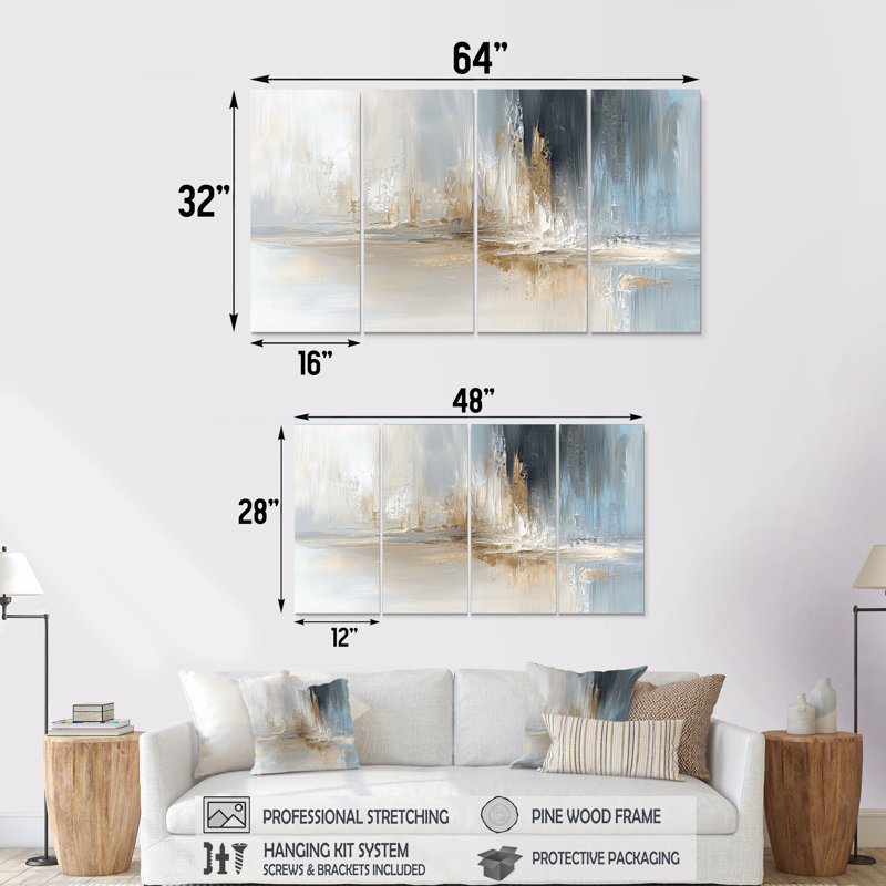 Gris blanc blanc Ech - art mural blanc - toile d'art moderne, H 32 po x l 64 po, 4