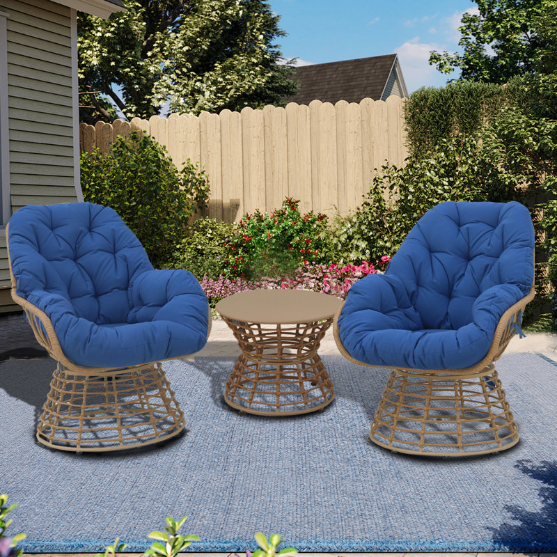3-Piece Swivel Wicker Patio Conversation Set with Cushions - Outdoor Seating for 2,, Blue