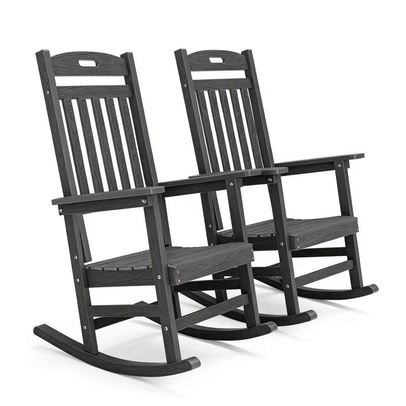 Outdoor Adirondack Rocking Chair HIPS All Weather Oversized Plastic Patio Chair Rocker（Set Of 2）, Gray